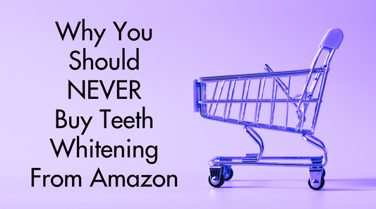 Mini shopping cart on purple backdrop with black overlay text reading "why you should never buy teeth whitening from amazon"