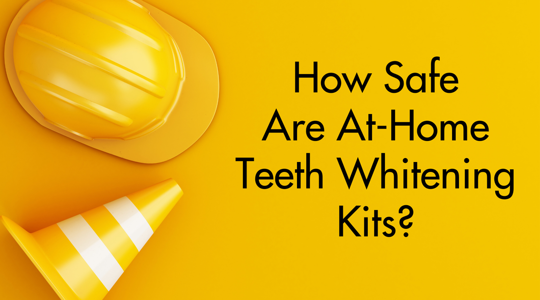 Yellow safety helmet and yellow safety cone on yellow background with text reading "How safe are at-home teeth whitening kits?"