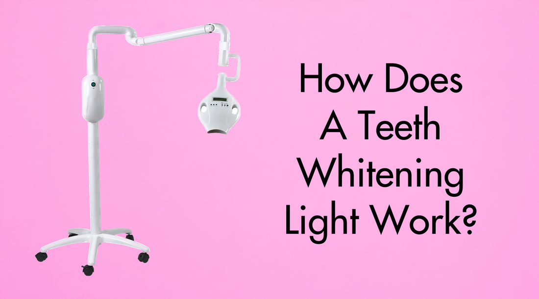 White professional teeth whitening lamp on pink background with black overlay text reading "how does a teeth whitening light work?"