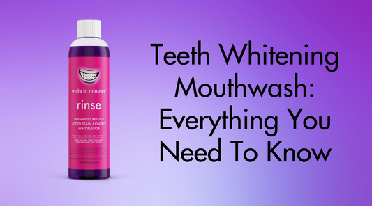 Bottle of pruple whitening mouthwash on purple background with black overlay text reading "teeth whitening mouthwash: everything you need to know"