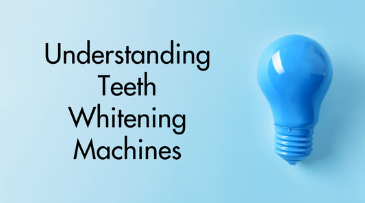 Blue lightbulb on top of pale blue background with overlaying black text that reads "understanding teeth whitening machines"
