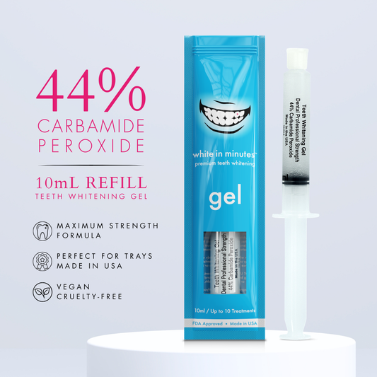 White in Minutes 44% Carbamide Peroxide Teeth Whitening Gel refill featuring a 10mL whitening gel syringe and retail package on a light gray background. Maximum Strength Formula, vegan, cruelty-free, made in USA, designed for custom whitening trays.