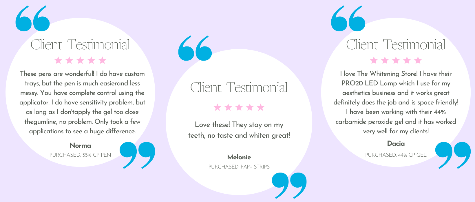 Client testimonials with star ratings on a light purple background