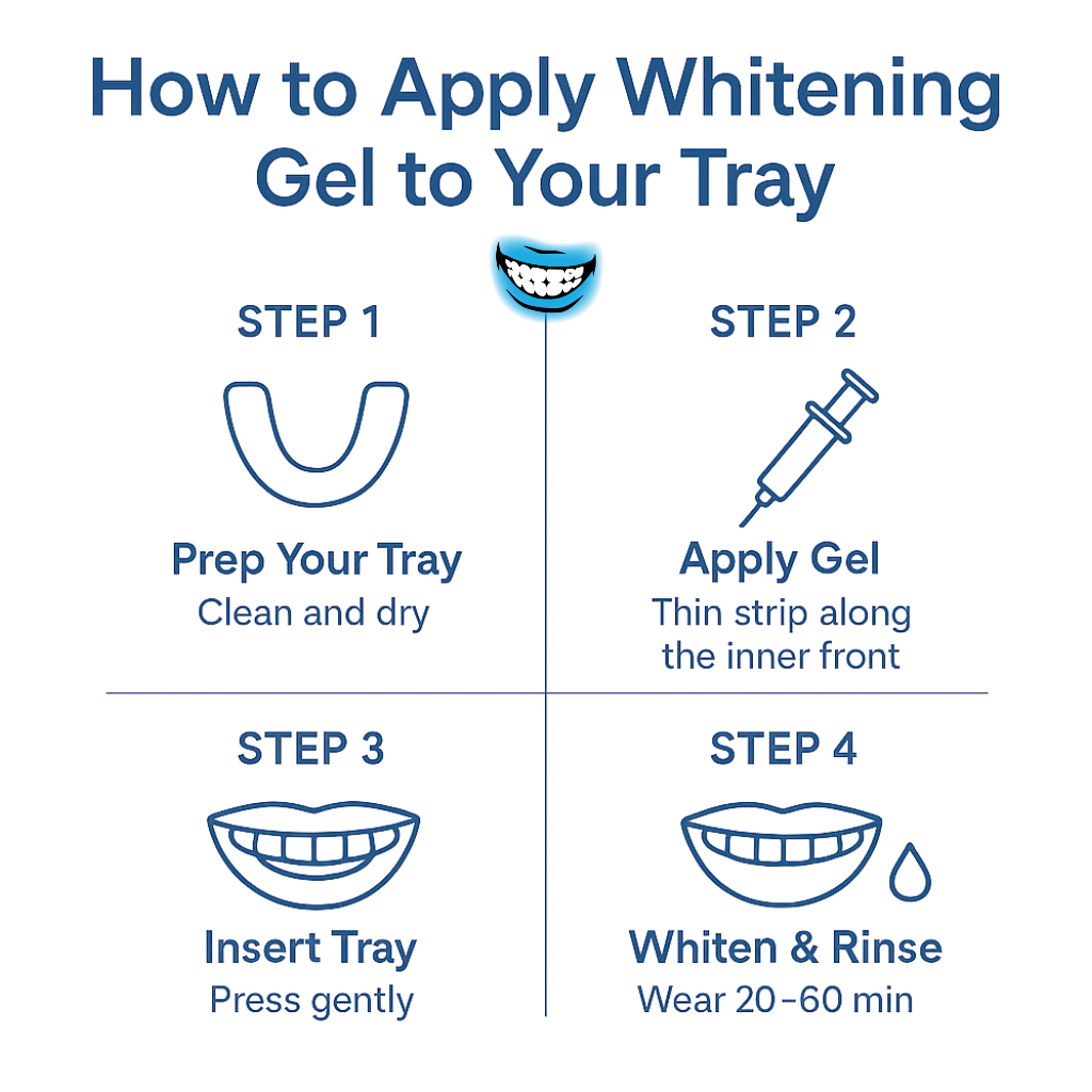 Visual guide showing 4-step process to apply teeth whitening gel into a mouth tray.