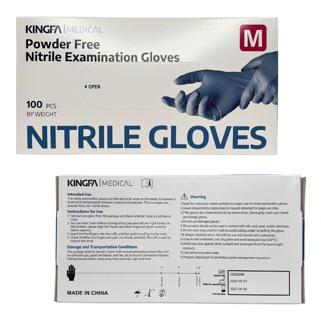 Kingfa nitrile gloves box/packaging - box of 100 blue nitrile gloves in size medium.