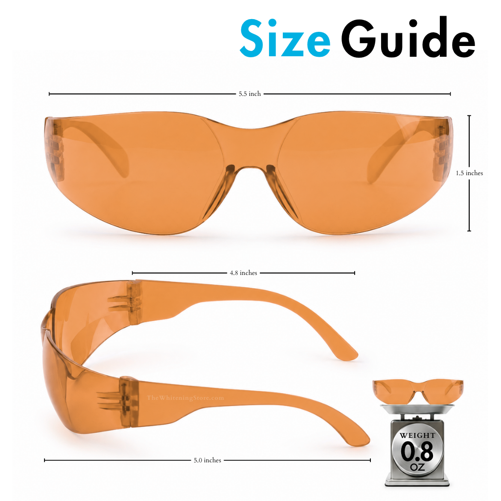 Size guide for orange wraparound protective teeth whitening glasses showing a 5.5-inch front width, 1.5-inch lens height, approximately 4.8-inch temple length, 5-inch overall side length, and 0.8 oz weight, with front and side views of the curved orange safety glasses.