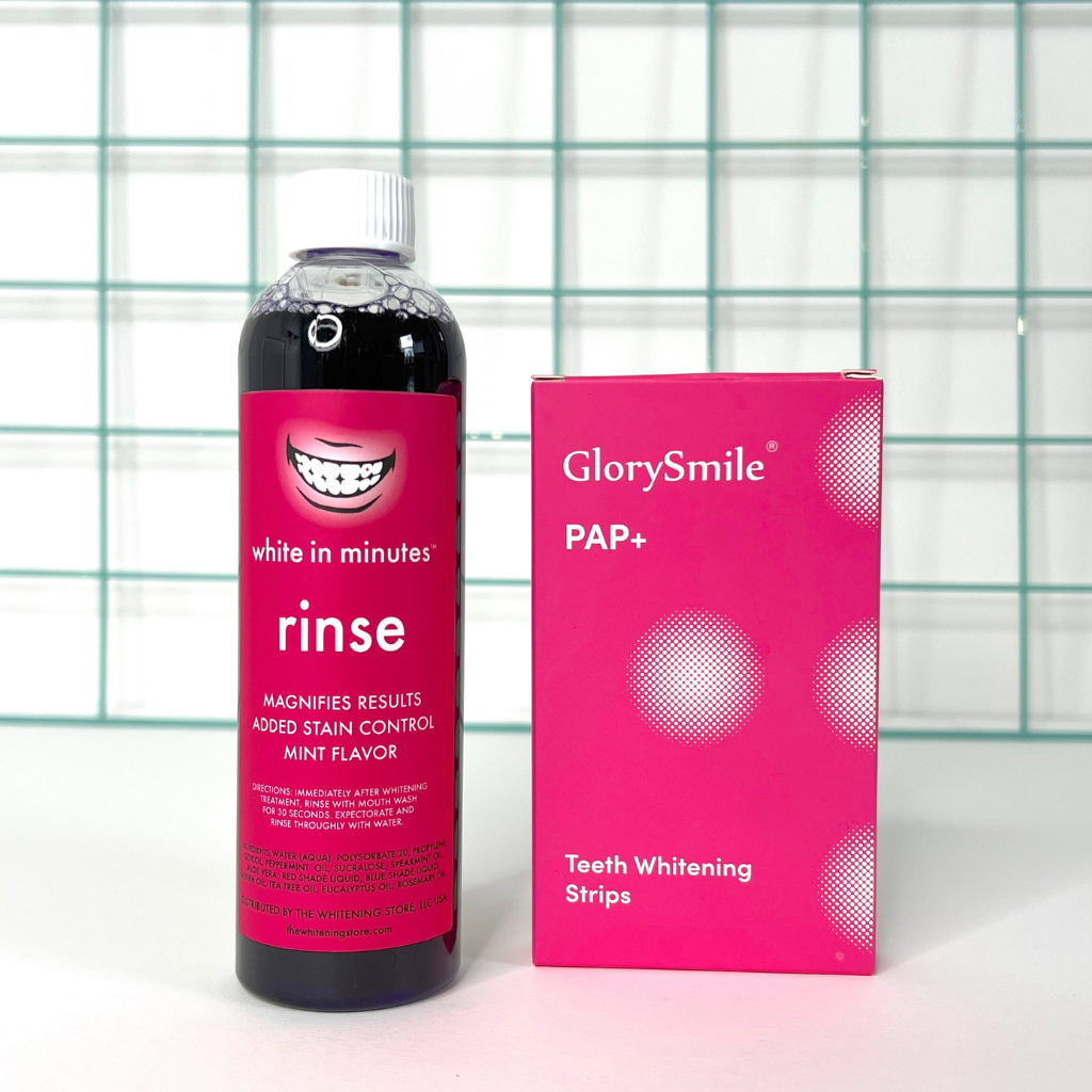 Bottle labeled 'White in Minutes Rinse' and a box of 'PAP+ Teeth Whitening Strips', both set against a tiled bathroom backdrop.