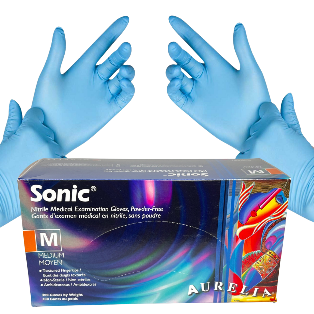 Box of 300 blue nitrile gloves with display of hands with gloves on for reference.