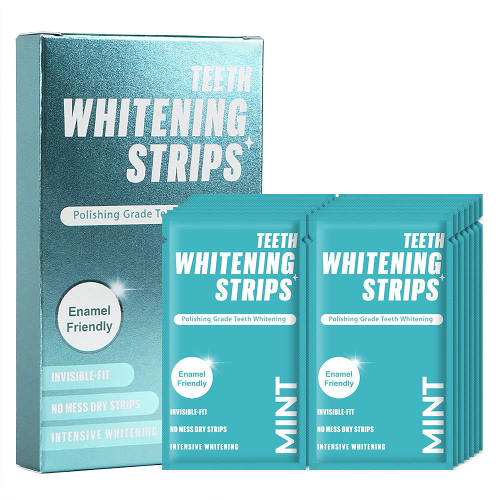 The Whitening Store teeth whitening strips box with collection of strips pouches.