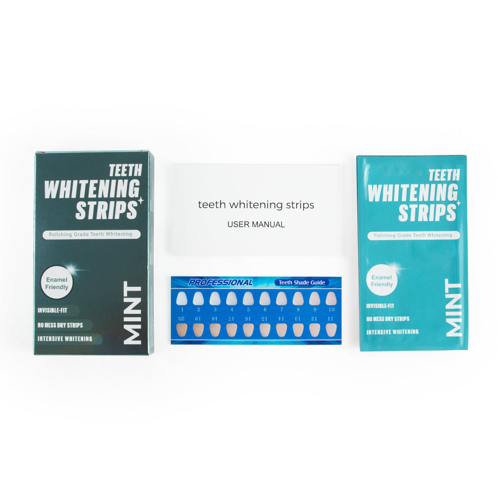 Teeth whitening strips kit with box, white strip pouch, tooth shade guide and instruction manual.