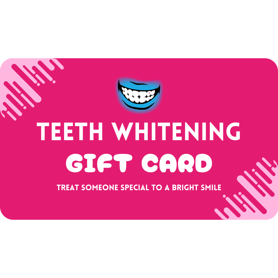 A pink gift card with a graphic of a smiling character's face and text that reads 'TEETH WHITENING GIFT CARD' and 'TREAT SOMEONE SPECIAL TO A BRIGHT SMILE'.