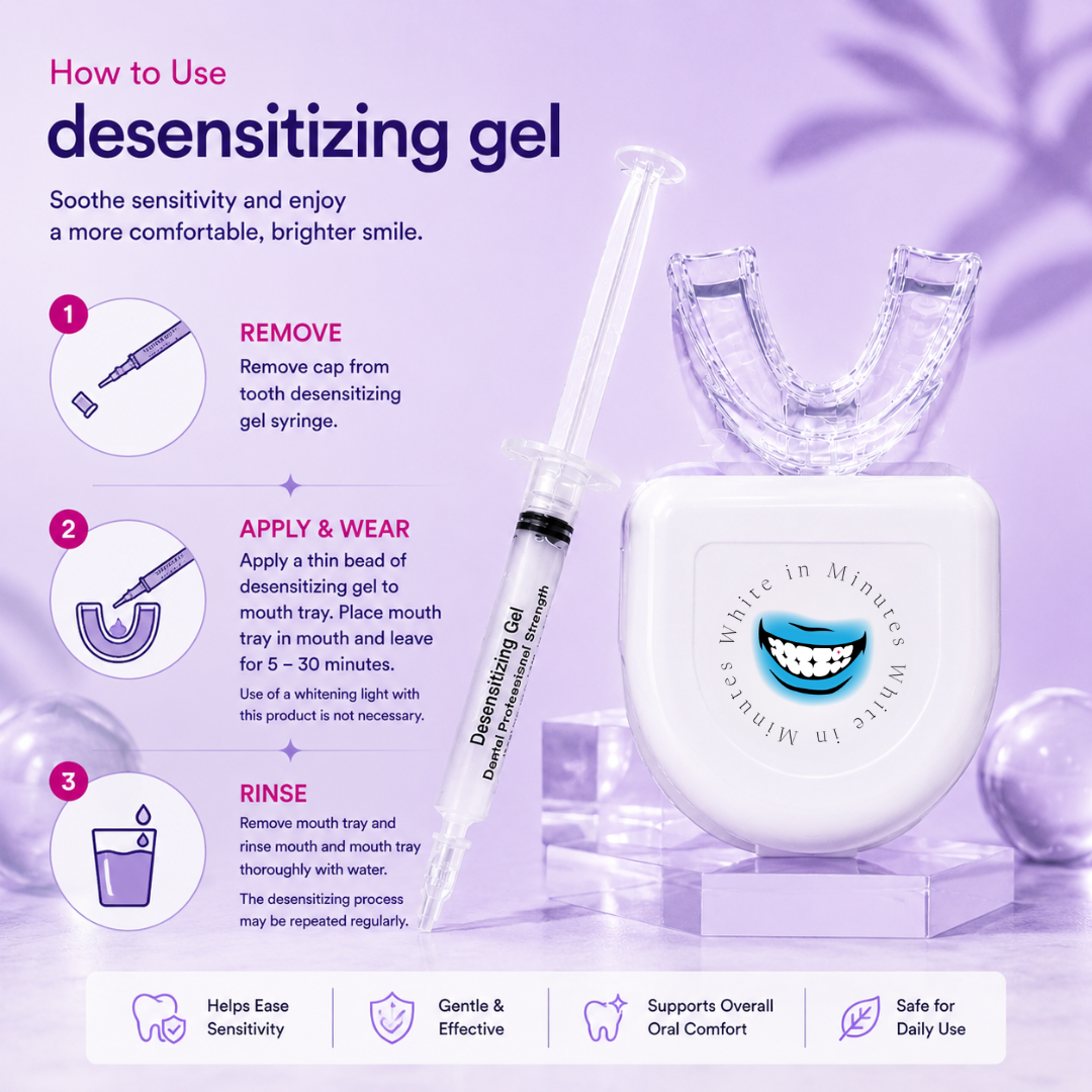 Desensitizing gel set with instructions on a purple background.