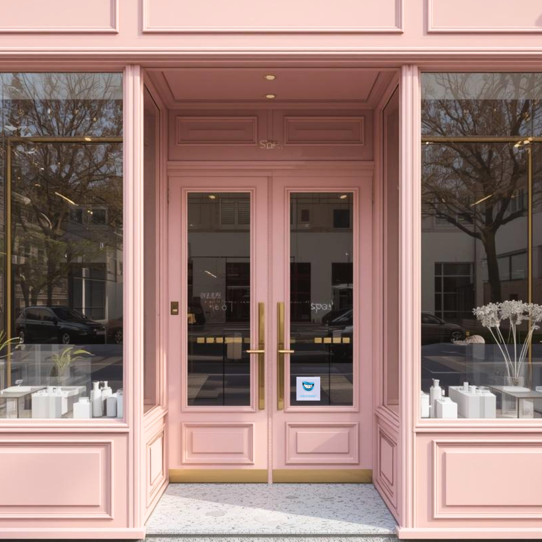 Pink storefront with glass doors and gold handles displaying White In Minutes window decal.