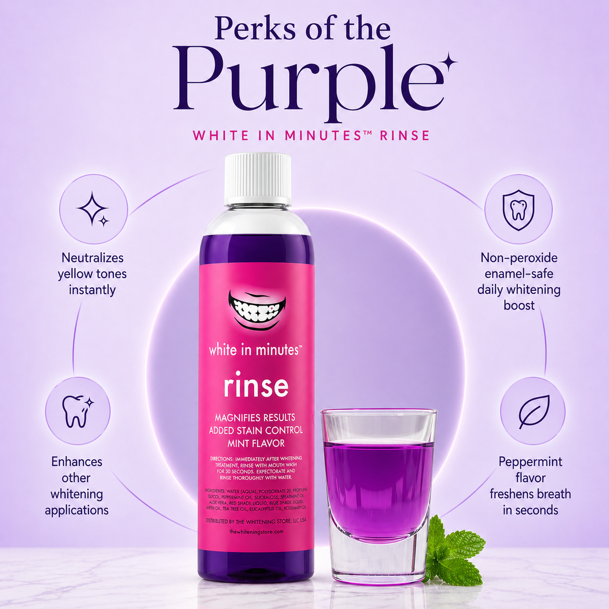 White in Minutes Purple Rinse bottle beside a glass of purple rinse on a marble counter with product benefit callouts.