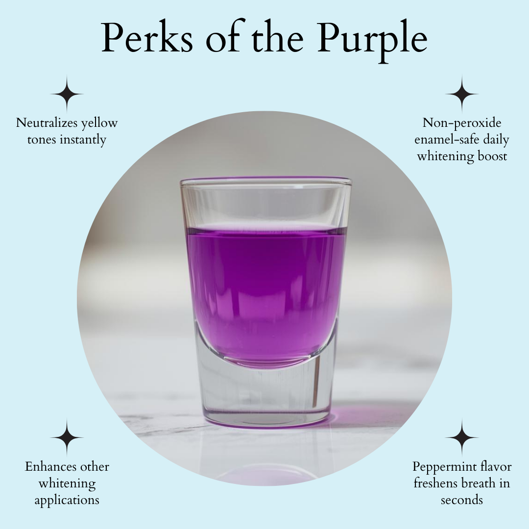 Glass of purple mouthwash with text about its benefits on a light blue background
