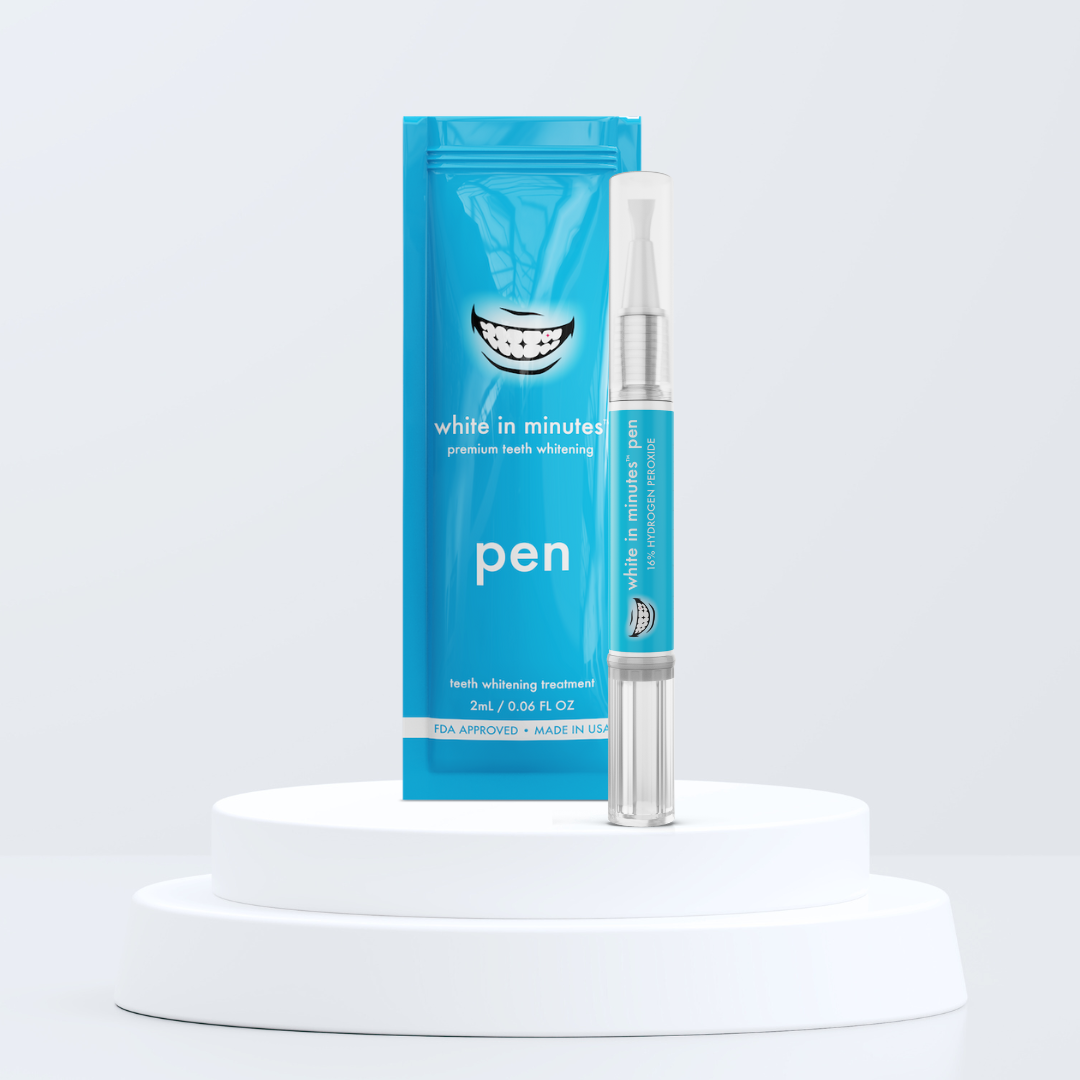 White in Minutes 16% HP professional teeth whitening pen with packaging on white platform.