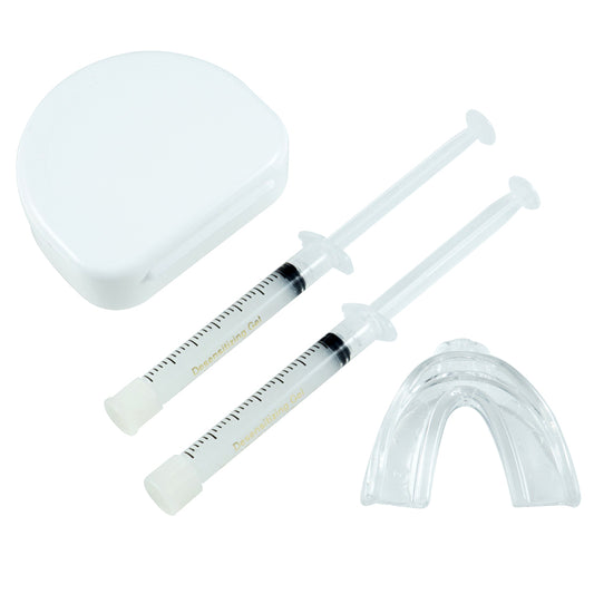 Tooth desensitizing kit including two syringes with desensitizing gel, a clear mouth tray, and a tray case.