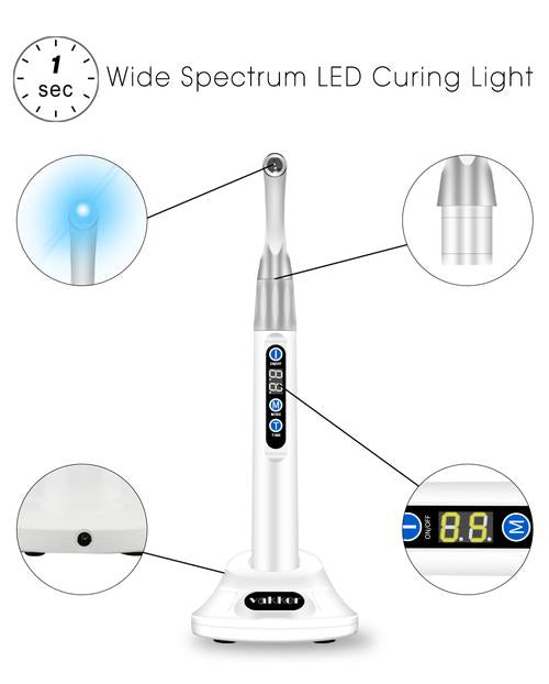 Vakker dental curing lamp specs with detailed images of features on white background.