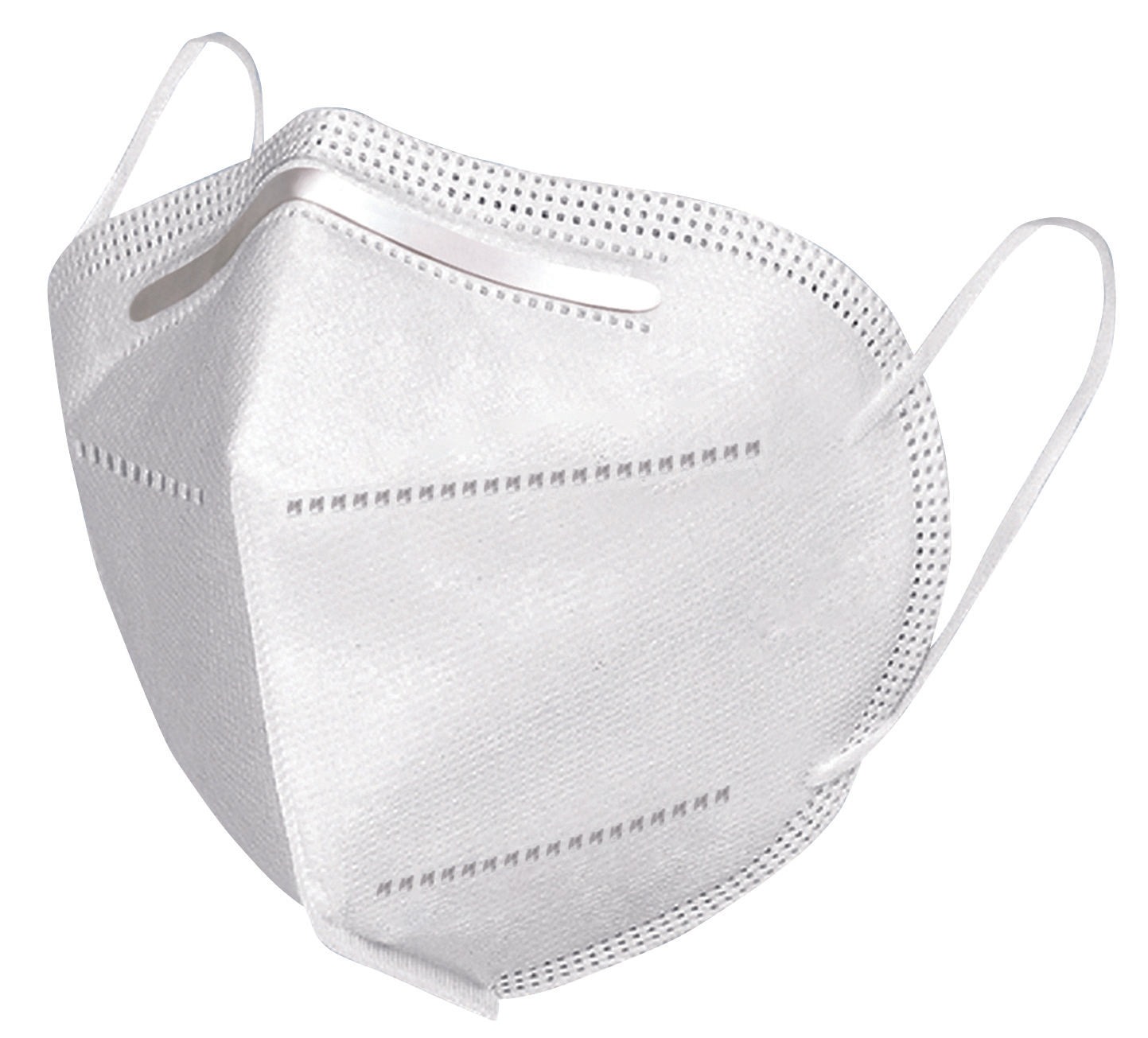A white KN-95 face mask with ear loops and a nose clip designed for filtering airborne particles.