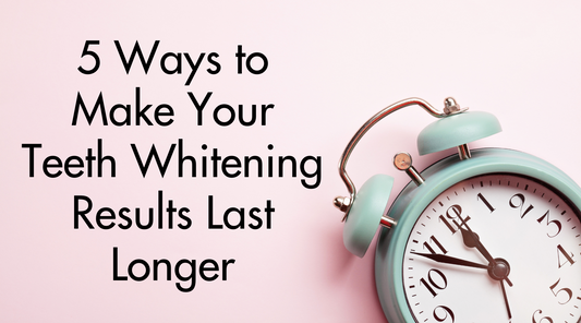 Green alarm clock on pale pick backdrop with overlay text "5 Ways to Make Your Teeth Whitening Results Last Longer" - The Whitening Store