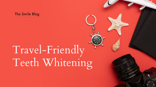 Travel-themed blog hero with airplane, passport, compass, seashells and camera beside the text “Travel-Friendly Teeth Whitening.”