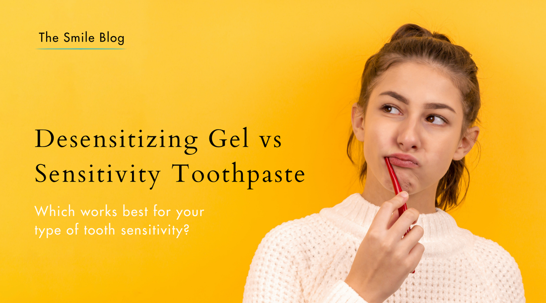 Woman in a white sweater holding a red toothbrush against her lip on a bright yellow background beside text reading “Desensitizing Gel vs Sensitivity Toothpaste” and “Which works best for your type of tooth sensitivity?”