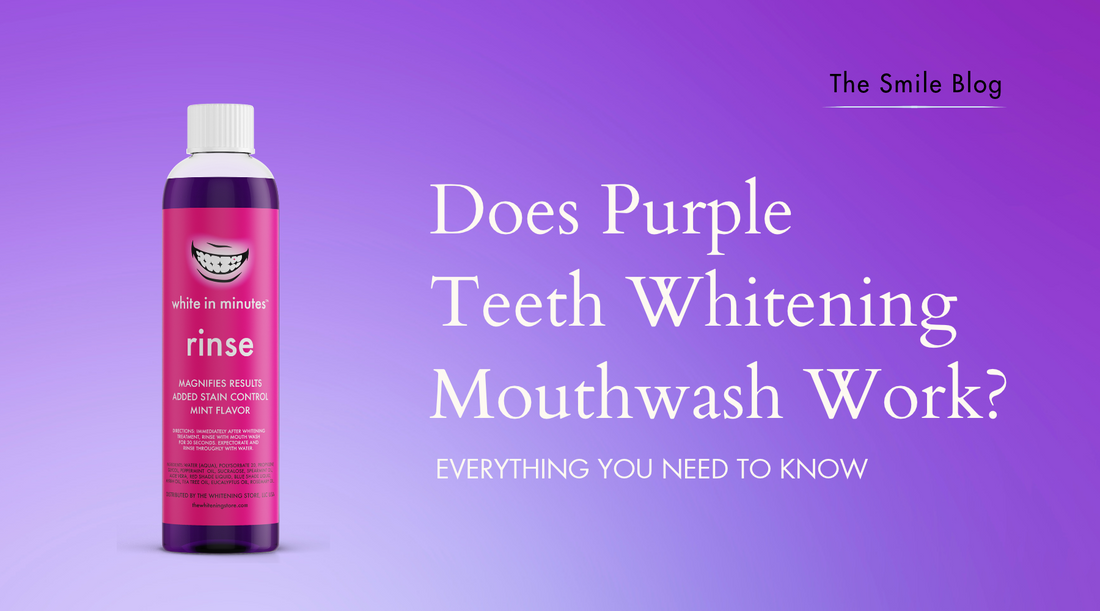 White in Minutes Purple Rinse bottle on a purple gradient background promoting a guide to how purple teeth whitening mouthwash works.