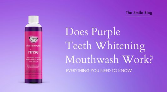 White in Minutes Purple Rinse bottle on a purple gradient background promoting a guide to how purple teeth whitening mouthwash works.