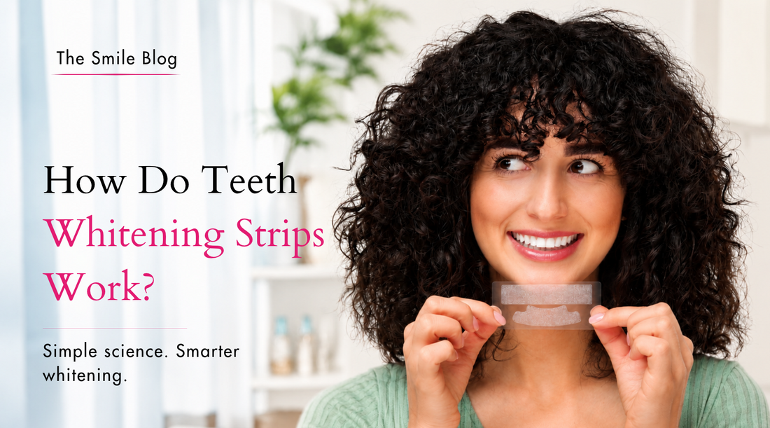 Smiling woman holding clear teeth whitening strips, with text reading “How Do Teeth Whitening Strips Work? Simple science. Smarter whitening.”