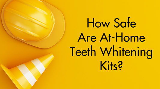 Yellow safety helmet and yellow safety cone on yellow background with text reading "How safe are at-home teeth whitening kits?"