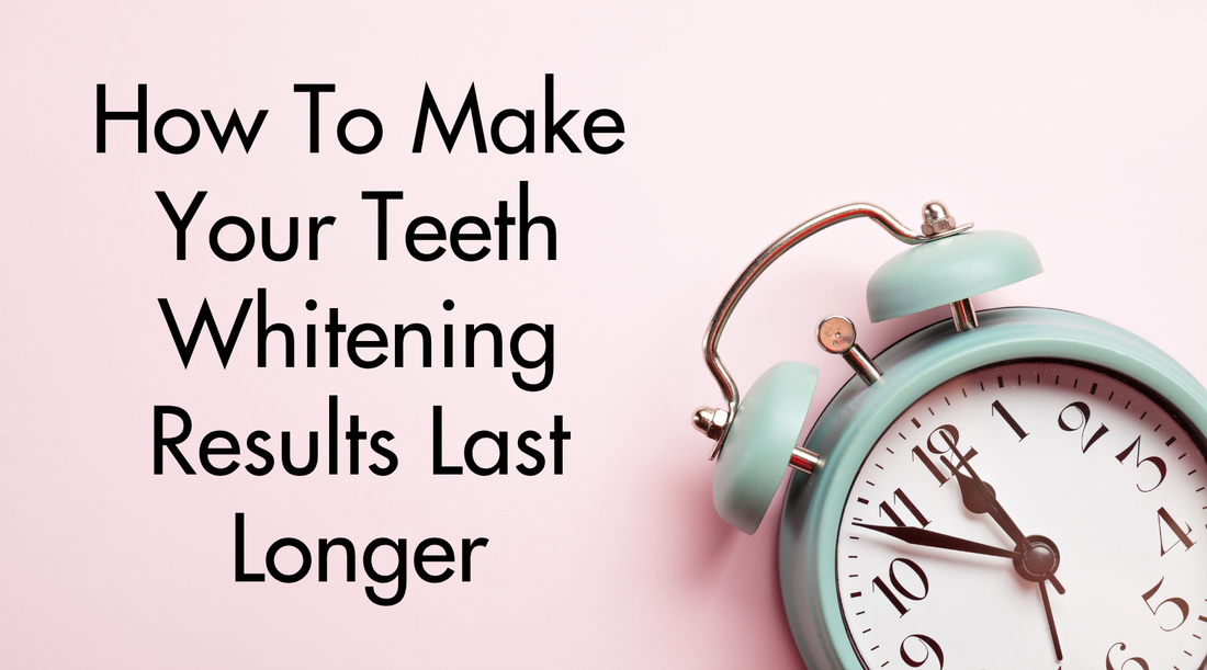 Vintage alarm clock beside the headline "How To Make Your Teeth Whitening Results Last Longer," representing tips for maintaining a brighter smile and extending teeth whitening results.