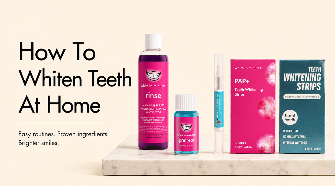 White in Minutes at-home teeth whitening products, including Purple Rinse, PreTreat, whitening pen, PAP+ strips and hydrogen peroxide strips.