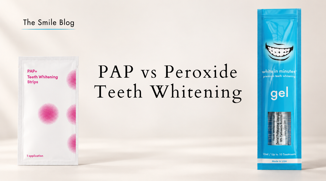PAP+ Teeth Whitening Strips pouch and White in Minutes 16% carbamide peroxide whitening gel pouch beside text reading “PAP vs Peroxide Teeth Whitening.”
