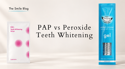 PAP+ Teeth Whitening Strips pouch and White in Minutes 16% carbamide peroxide whitening gel pouch beside text reading “PAP vs Peroxide Teeth Whitening.”
