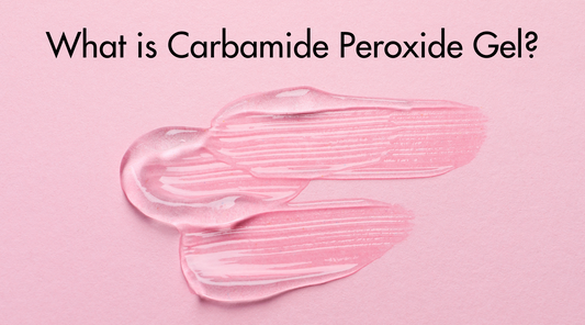 clear gel smeared in horizontal motion on pink baground with black overlay text reading "what is carbamide peroxide gel?"