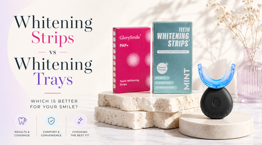 Comparison of teeth whitening strips and teeth whitening trays featuring whitening strip kits and a rechargeable LED whitening tray in a modern editorial-style setting, illustrating differences in results, convenience, and treatment options.