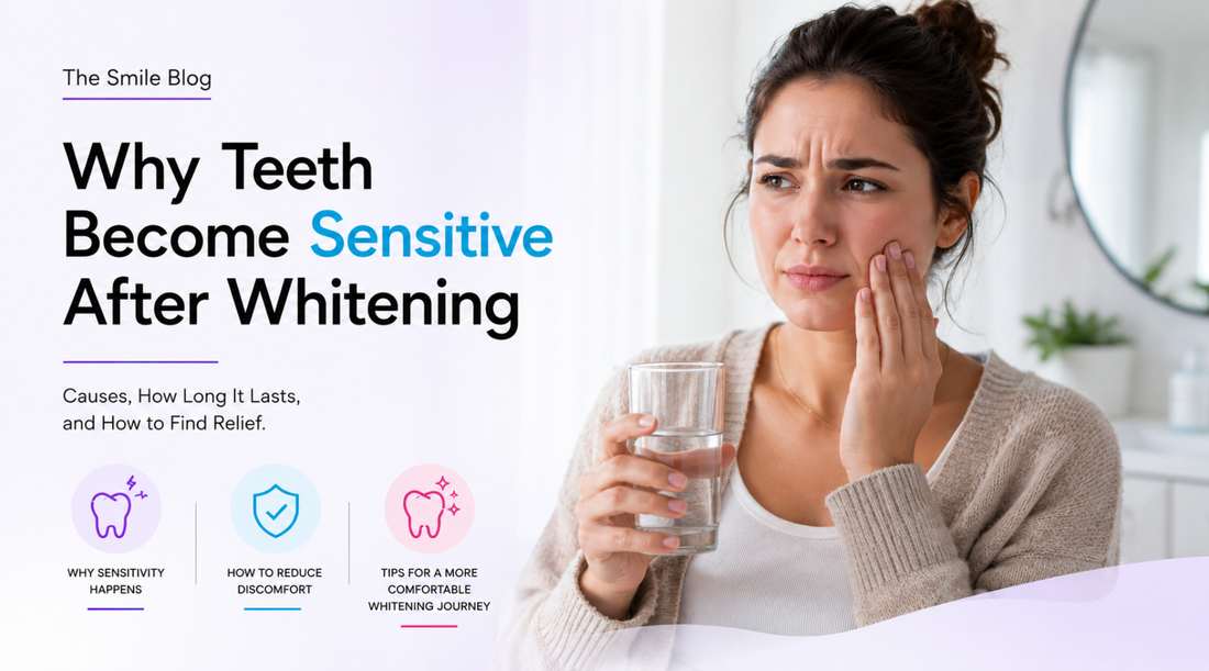 Woman experiencing tooth sensitivity after teeth whitening while holding a glass of water, featured in an educational guide explaining why teeth become sensitive after whitening and how to find relief.