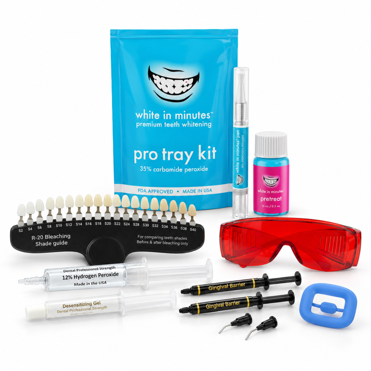 Professional teeth whitening supplies including White in Minutes Pro Tray Kit, whitening pen, PreTreat, R-20 shade guide, hydrogen peroxide and desensitizing gels, gingival barrier, protective glasses, and cheek retractor.