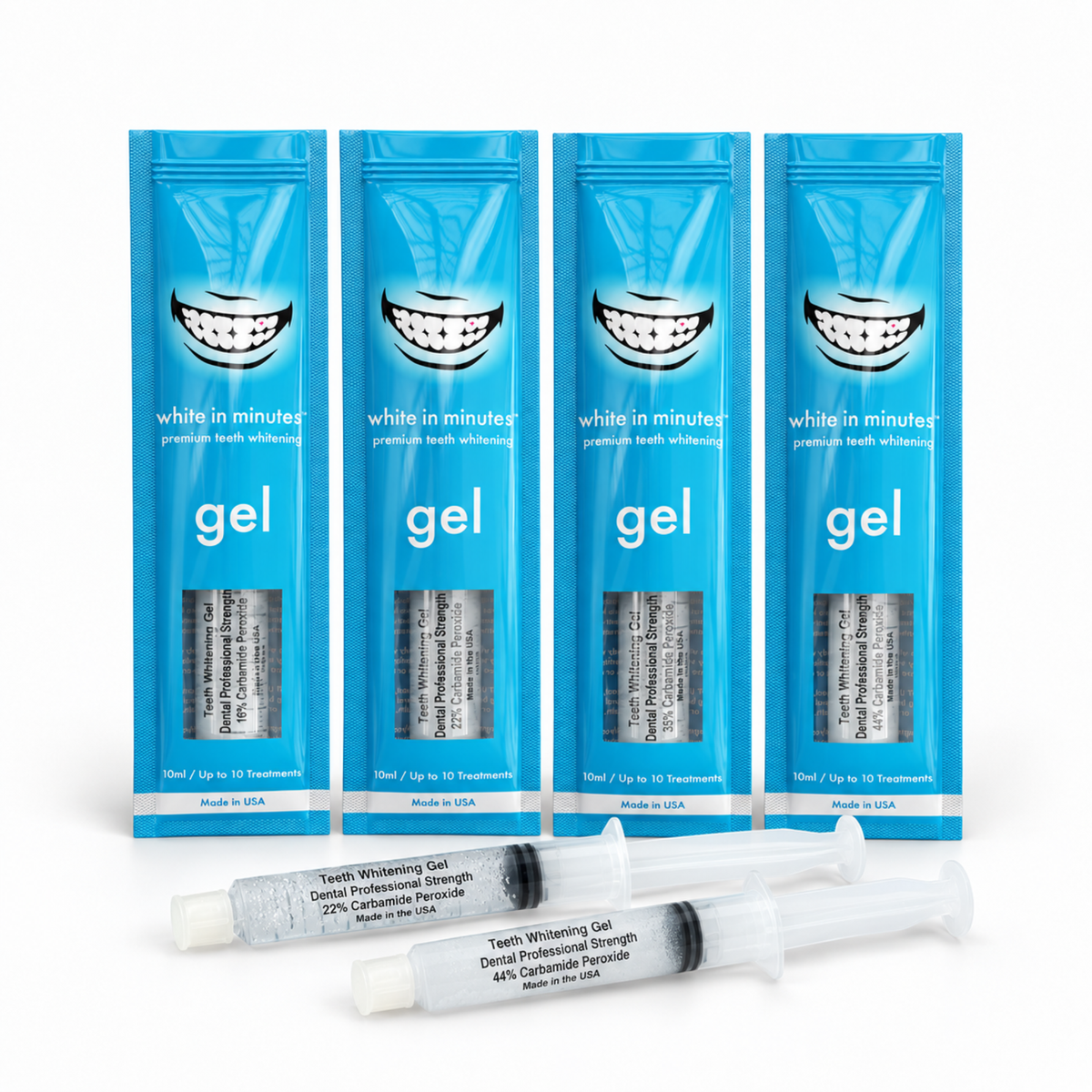White in Minutes carbamide peroxide teeth whitening gels in 16%, 22%, 35%, and 44% strengths, with 10 mL gel syringes and individual pouches.