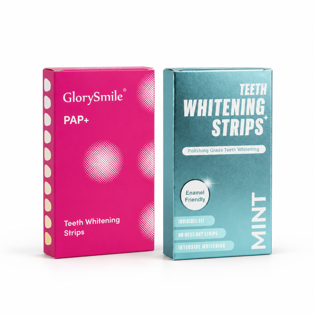 GlorySmile PAP+ peroxide-free teeth whitening strips and mint teeth whitening strips displayed side by side on a white background.