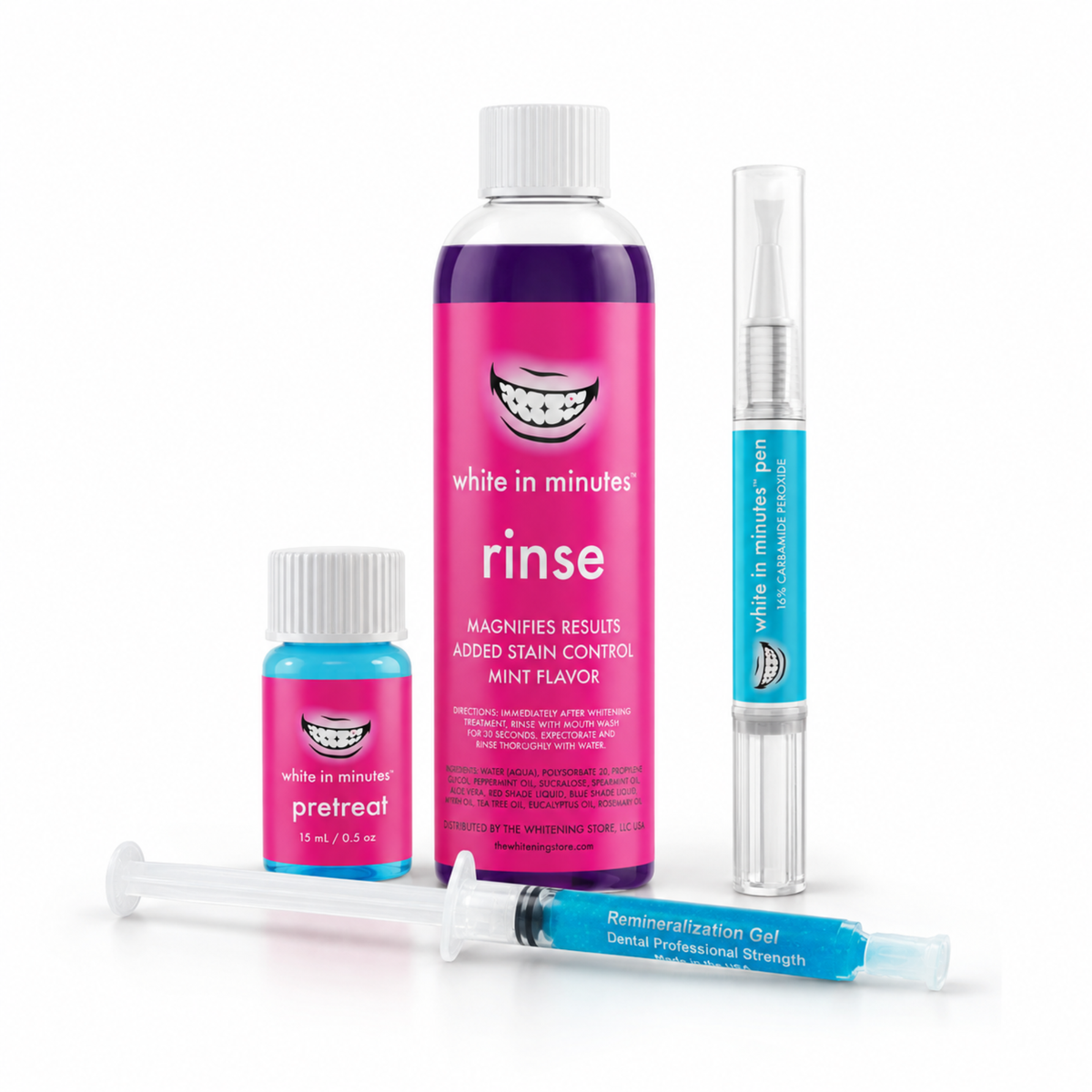 White in Minutes teeth whitening pen, PreTreat stain lifter, purple rinse, and remineralizing gel syringe arranged on a white background.