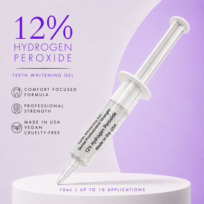 White in Minutes® 12% hydrogen peroxide teeth whitening gel syringe displayed diagonally on a white pedestal against a soft lavender and white background. The graphic highlights its comfort-focused formula, professional strength, 10 mL size with up to 10 applications, and made-in-USA, vegan and cruelty-free features.