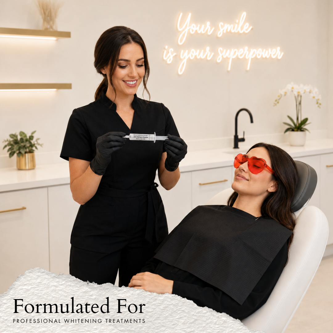 A professional teeth whitening provider in black scrubs holds a White in Minutes® 16% hydrogen peroxide whitening gel syringe beside a reclined client wearing red protective glasses in a modern treatment studio.