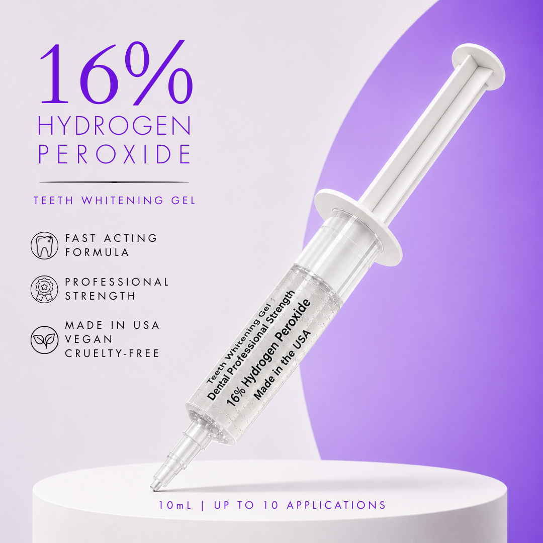 White in Minutes® 16% hydrogen peroxide teeth whitening gel syringe displayed diagonally on a white pedestal against a purple and white background, with text highlighting its fast-acting formula, professional strength, 10 mL size, and made-in-USA, vegan and cruelty-free features.