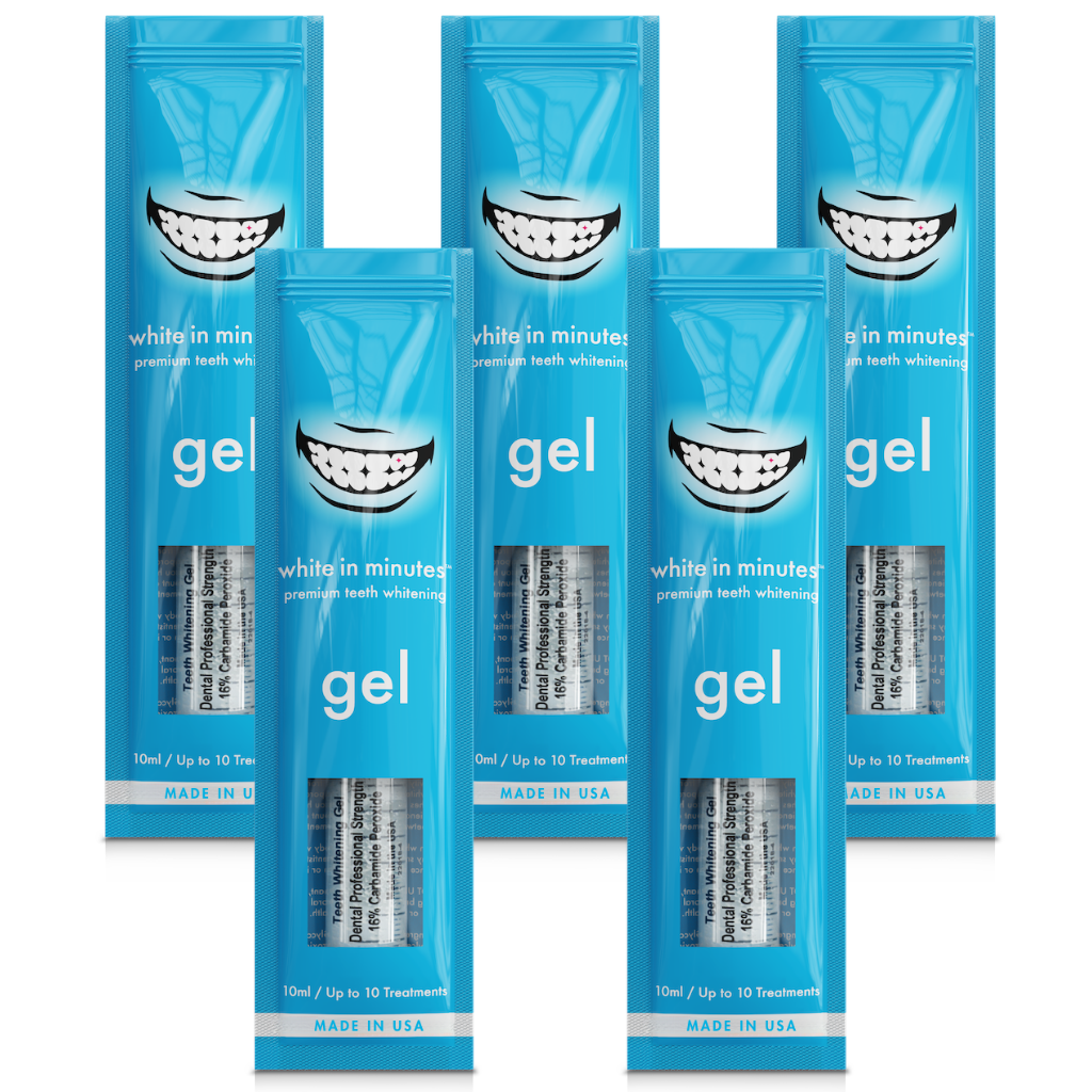 Five White in Minutes® 16% carbamide peroxide teeth whitening gel syringes and retail packages arranged on a white background, designed for use with whitening trays.