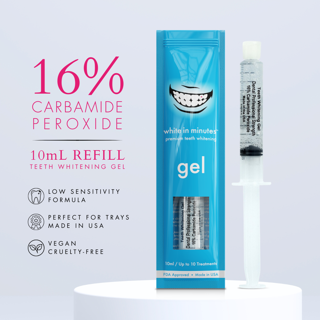White in Minutes 16% Carbamide Peroxide Teeth Whitening Gel refill featuring a 10mL whitening gel syringe and retail package on a light gray background. Low Sensitivity Formula, vegan, cruelty-free, made in USA, designed for custom whitening trays.