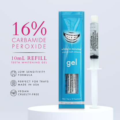 White in Minutes 16% Carbamide Peroxide Teeth Whitening Gel refill featuring a 10mL whitening gel syringe and retail package on a light gray background. Low Sensitivity Formula, vegan, cruelty-free, made in USA, designed for custom whitening trays.