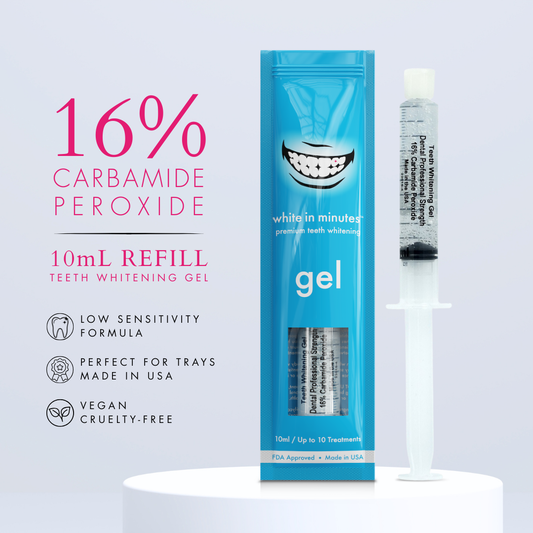 White in Minutes 16% Carbamide Peroxide Teeth Whitening Gel refill featuring a 10mL whitening gel syringe and retail package on a light gray background. Low Sensitivity Formula, vegan, cruelty-free, made in USA, designed for custom whitening trays.