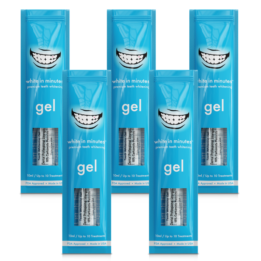 Five packages of 'White in Minutes' 16% carbamide peroxide gel on a white background