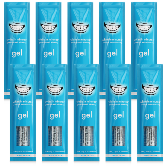 Ten White in Minutes® 16% carbamide peroxide teeth whitening gel syringes and packages shown together for tray whitening refill use.